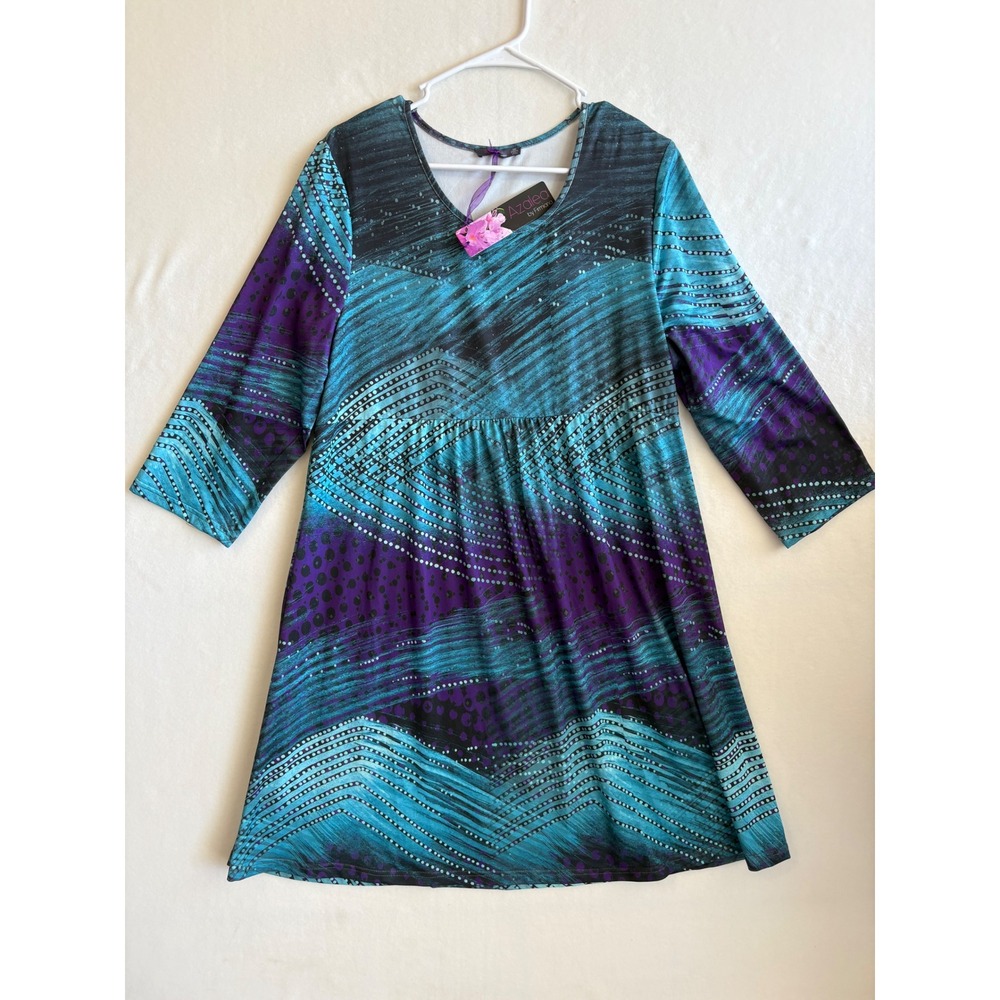 Azalea by Firmiana Tunic Dress Womens 1X Teal Purple Abstract Empire Waist NWT
